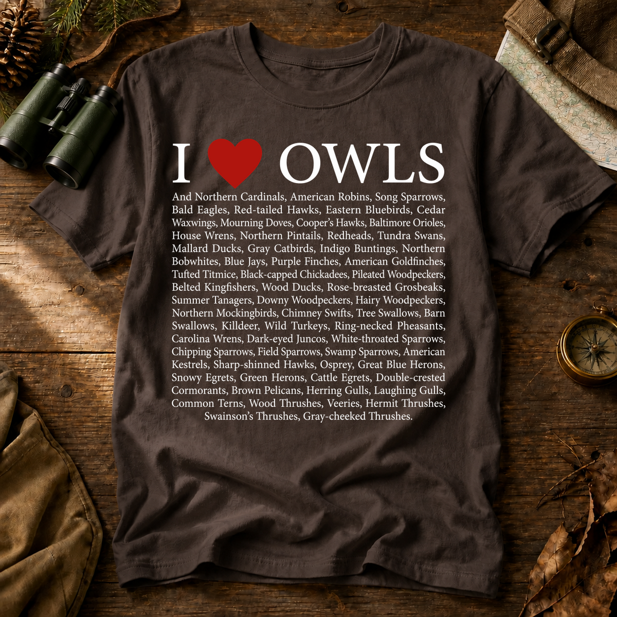 I Love Owls Bird List Tee in Espresso, centered front design on a birdwatching flat-lay mockup