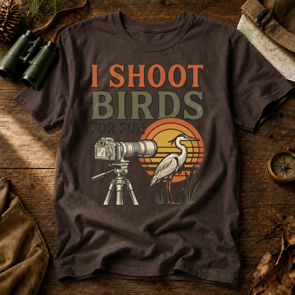 I Shoot Birds for Fun Photography Tee in Espresso, centered front design on a birdwatching flat-lay mockup