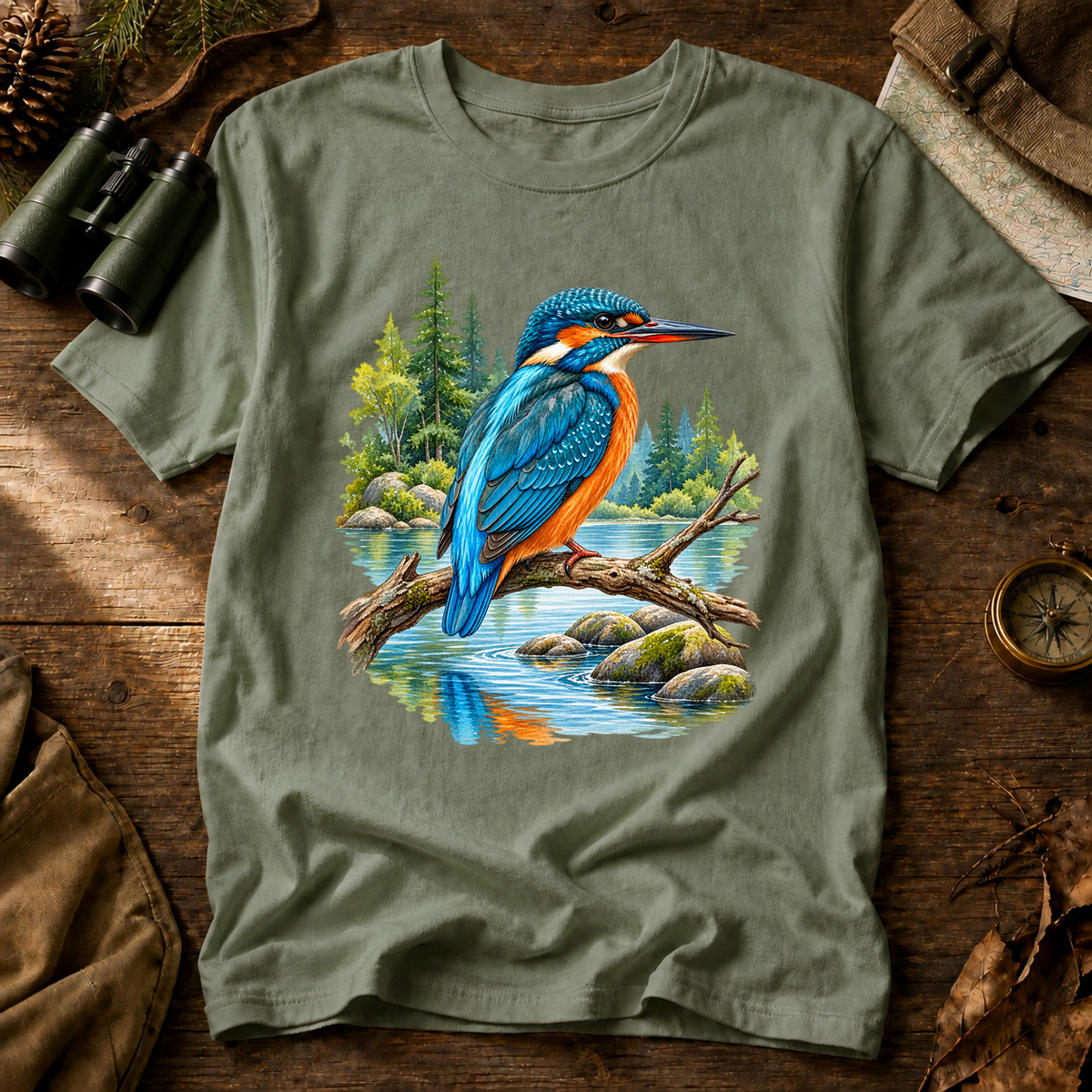 Kingfisher Woodland Stream Tee in Bay, centered front design on a birdwatching flat-lay mockup