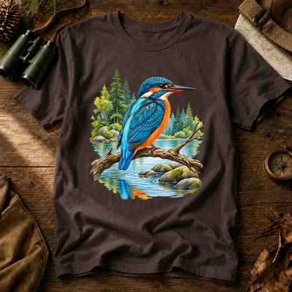 Kingfisher Woodland Stream Tee in Espresso, centered front design on a birdwatching flat-lay mockup