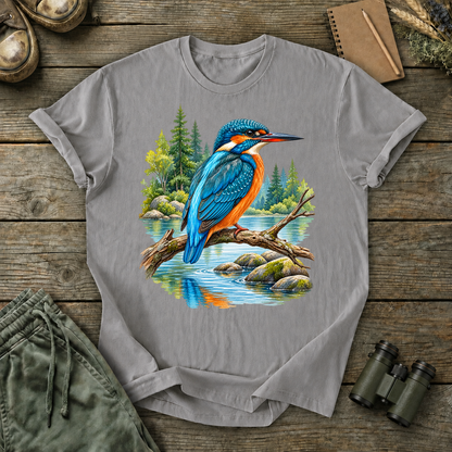 Kingfisher Woodland Stream Tee in Grey, centered front design on a birdwatching flat-lay mockup