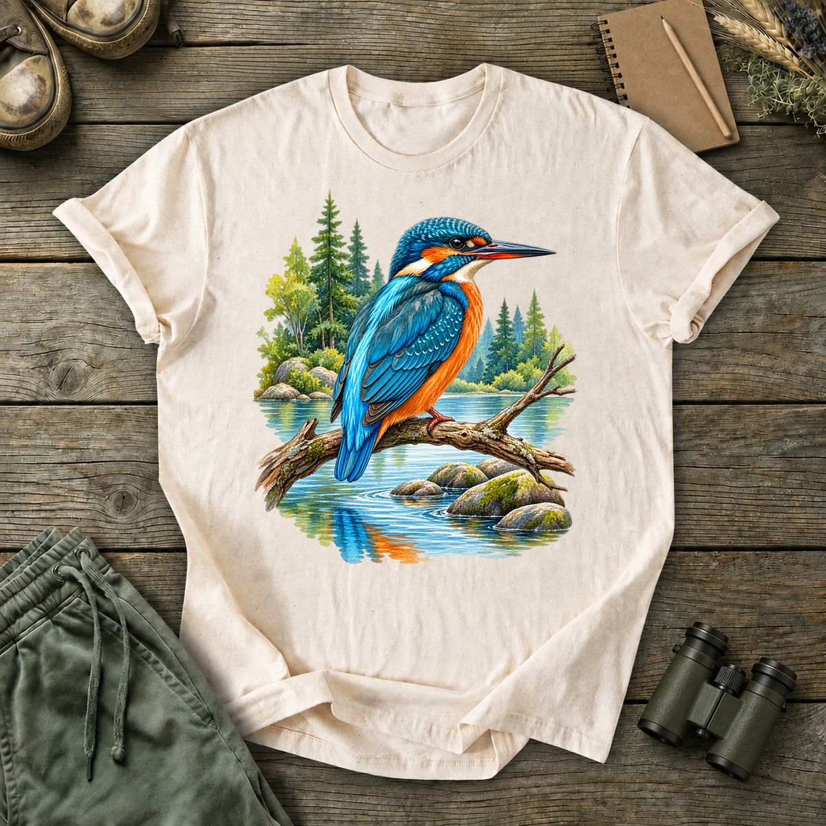 Kingfisher Woodland Stream Tee in Ivory, centered front design on a birdwatching flat-lay mockup
