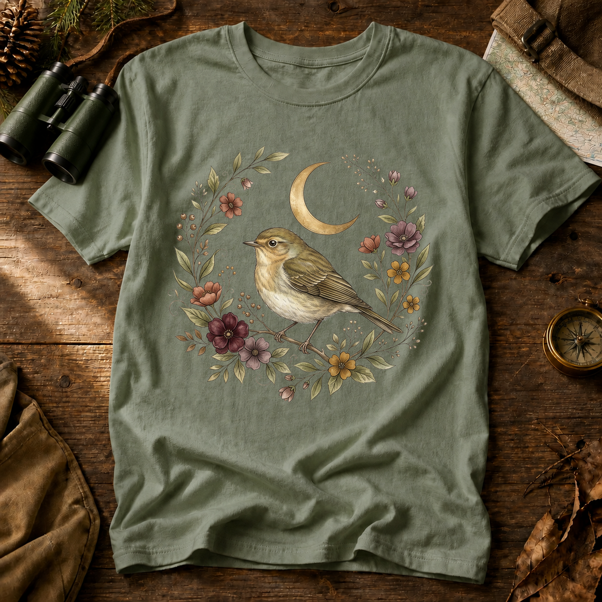 Moonlit Songbird Floral Wreath Tee in Bay, centered front design on a birdwatching flat-lay mockup