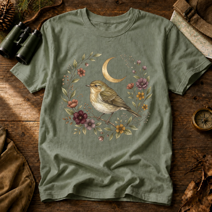 Moonlit Songbird Floral Wreath Tee in Bay, centered front design on a birdwatching flat-lay mockup