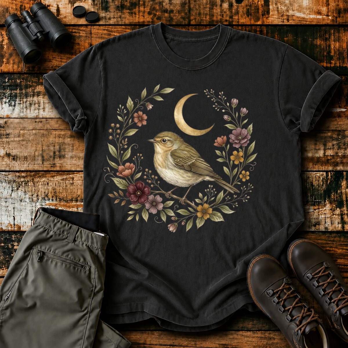 Moonlit Songbird Floral Wreath Tee in Black, centered front design on a birdwatching flat-lay mockup