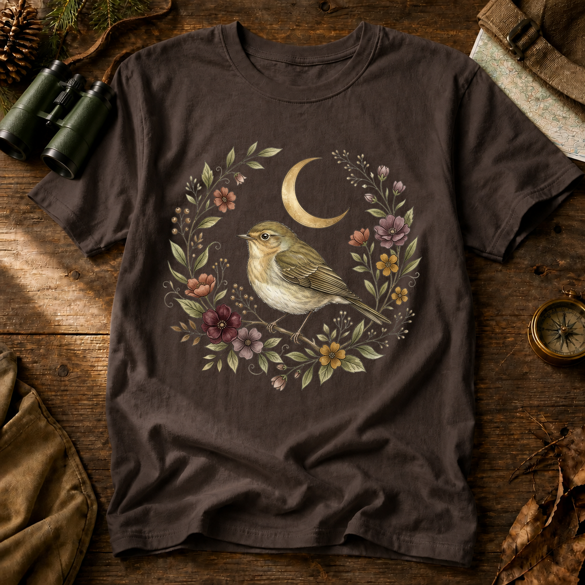 Moonlit Songbird Floral Wreath Tee in Espresso, centered front design on a birdwatching flat-lay mockup