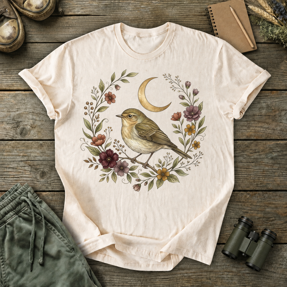 Moonlit Songbird Floral Wreath Tee in Ivory, centered front design on a birdwatching flat-lay mockup