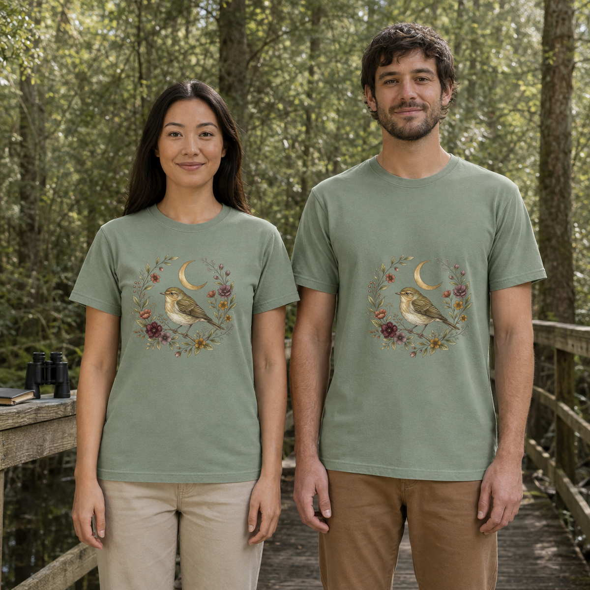 Female and male models wearing the Moonlit Songbird Floral Wreath Tee in Bay, with the artwork centered on both shirts