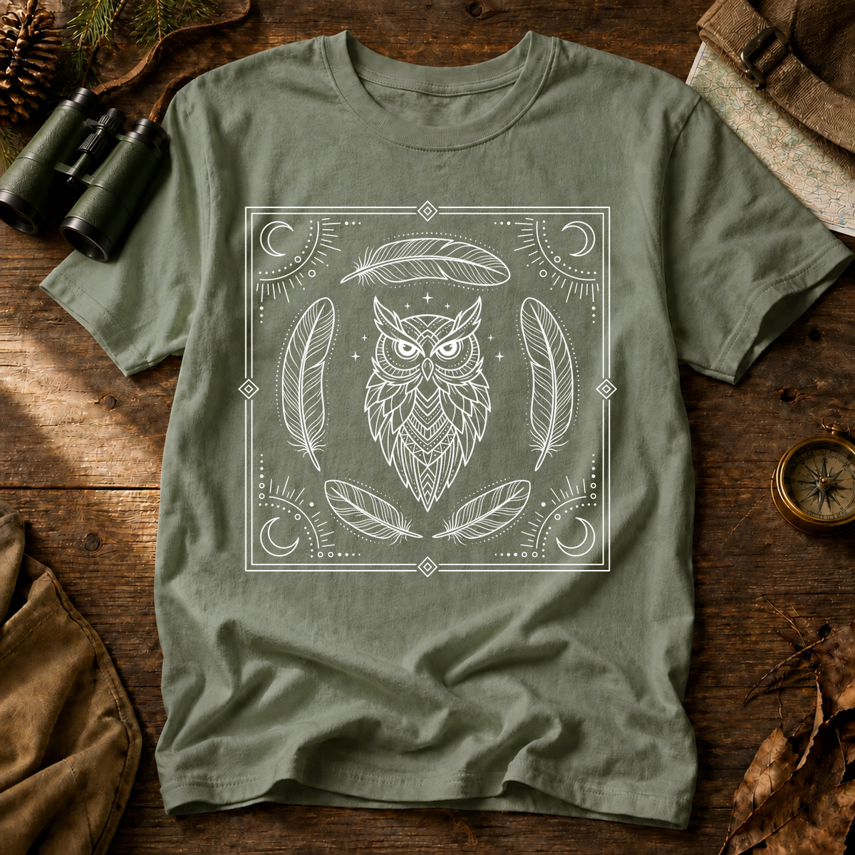 Mystical Owl and Feathers Line Art Tee in Bay, centered front design on a birdwatching flat-lay mockup