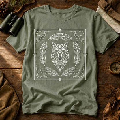 Mystical Owl and Feathers Line Art Tee in Bay, centered front design on a birdwatching flat-lay mockup
