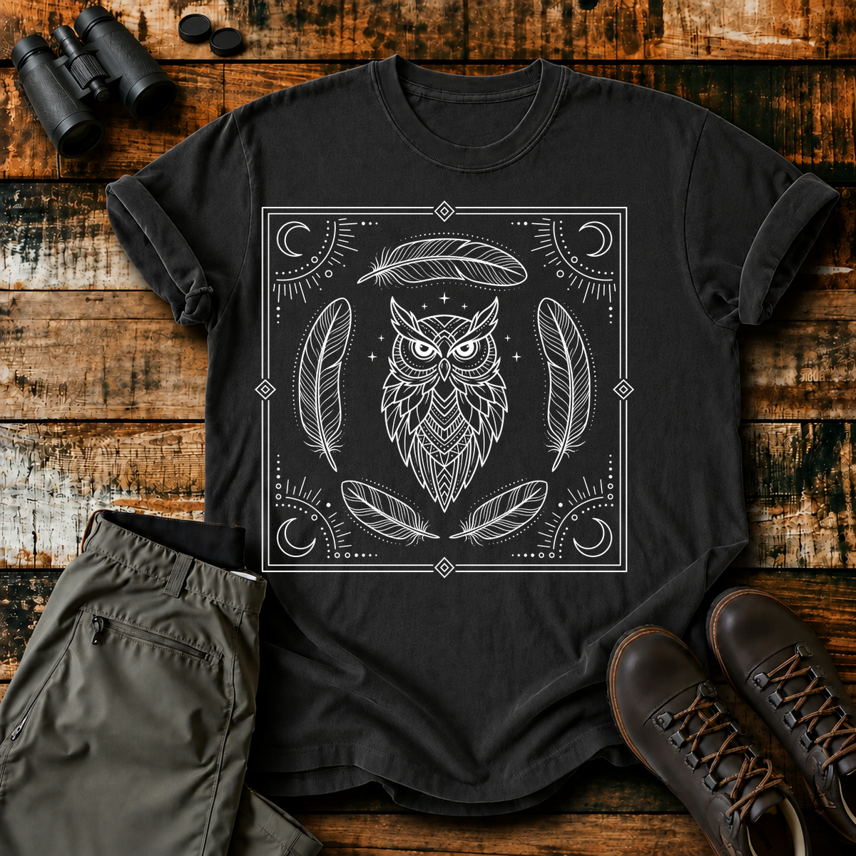 Mystical Owl and Feathers Line Art Tee in Black, centered front design on a birdwatching flat-lay mockup