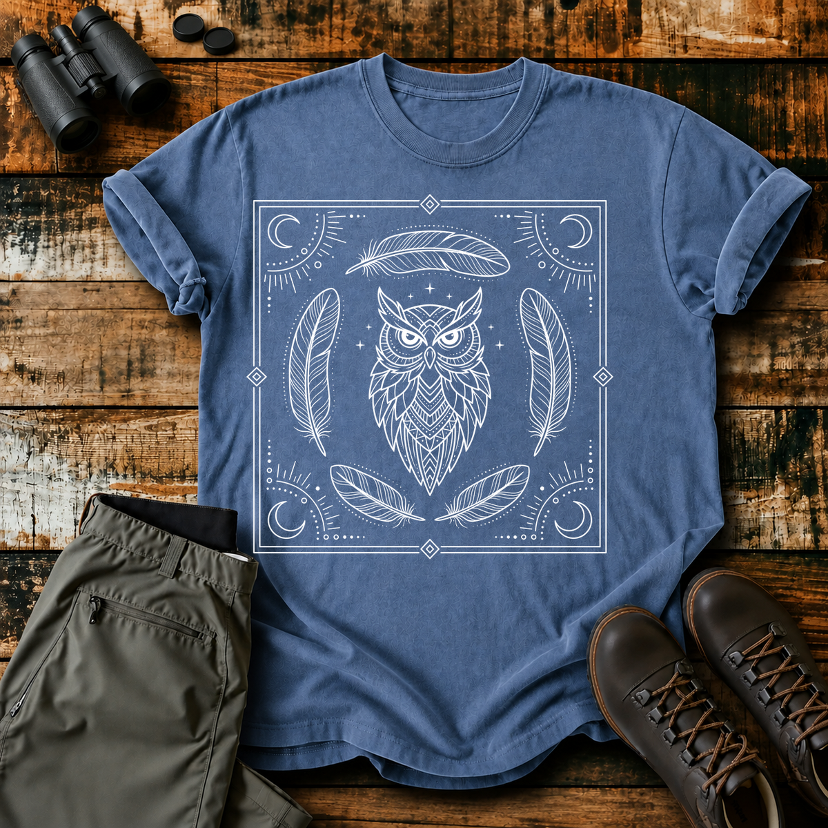 Mystical Owl and Feathers Line Art Tee in Blue Jean, centered front design on a birdwatching flat-lay mockup