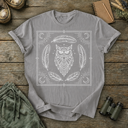 Mystical Owl and Feathers Line Art Tee in Grey, centered front design on a birdwatching flat-lay mockup