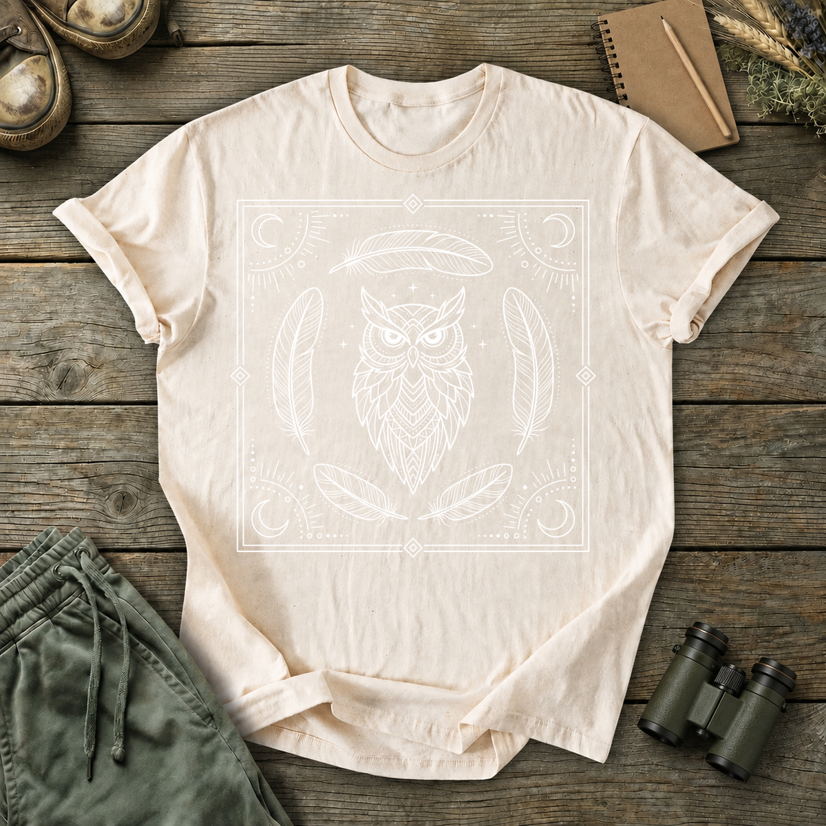 Mystical Owl and Feathers Line Art Tee in Ivory, centered front design on a birdwatching flat-lay mockup