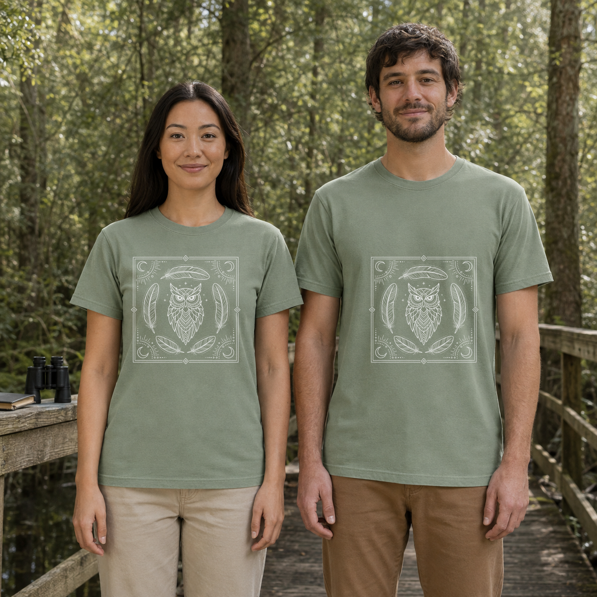 Female and male models wearing the Mystical Owl and Feathers Line Art Tee in Bay, with the artwork centered on both shirts