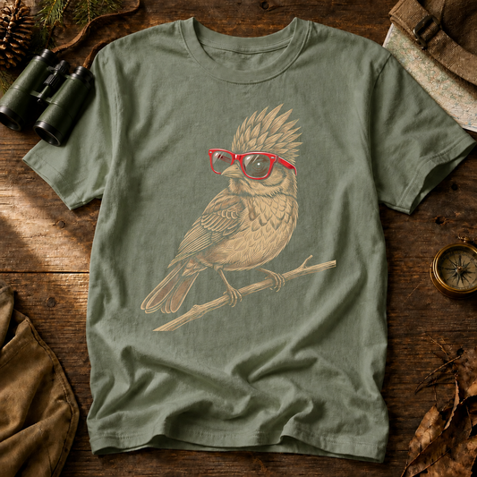 Nerdy Owl Red Glasses Tee in Bay, centered front design on a birdwatching flat-lay mockup