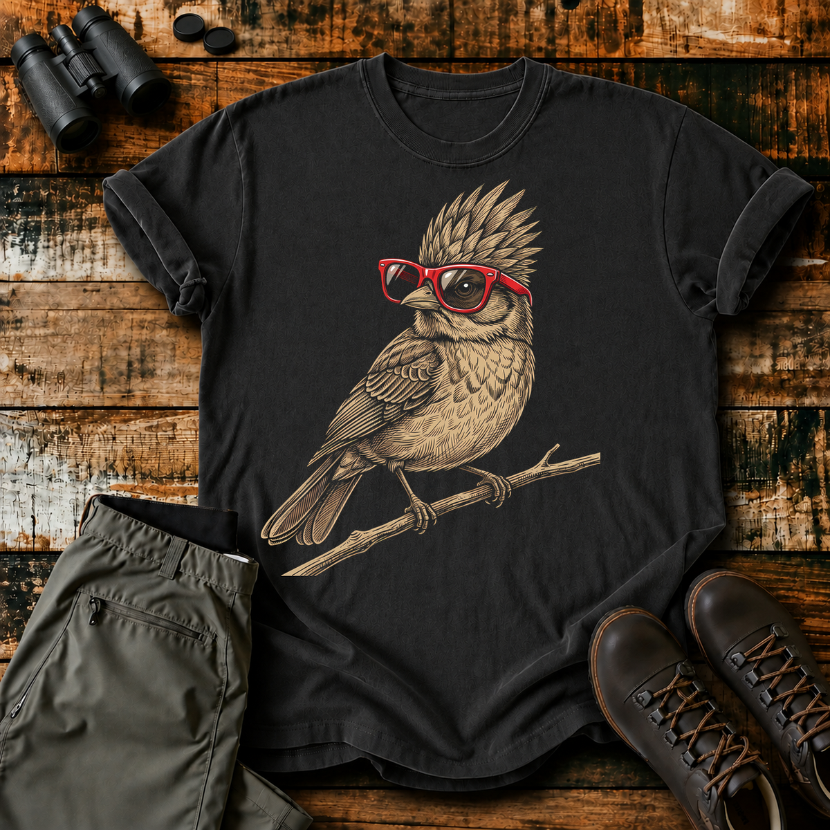 Nerdy Owl Red Glasses Tee in Black, centered front design on a birdwatching flat-lay mockup