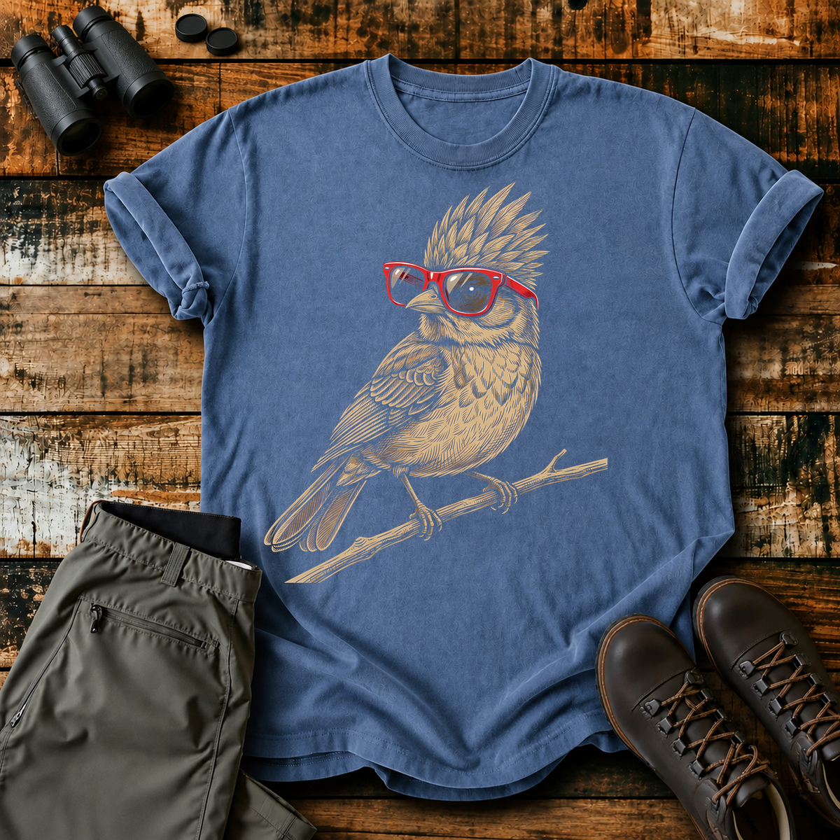 Nerdy Owl Red Glasses Tee in Blue Jean, centered front design on a birdwatching flat-lay mockup
