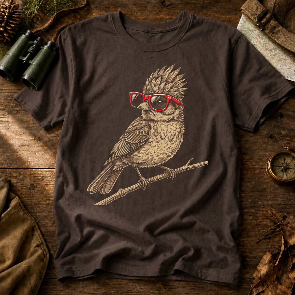 Nerdy Owl Red Glasses Tee in Espresso, centered front design on a birdwatching flat-lay mockup
