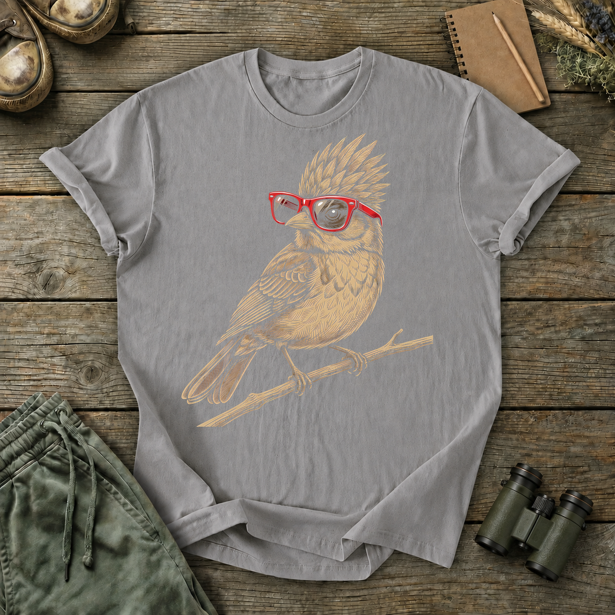 Nerdy Owl Red Glasses Tee in Grey, centered front design on a birdwatching flat-lay mockup