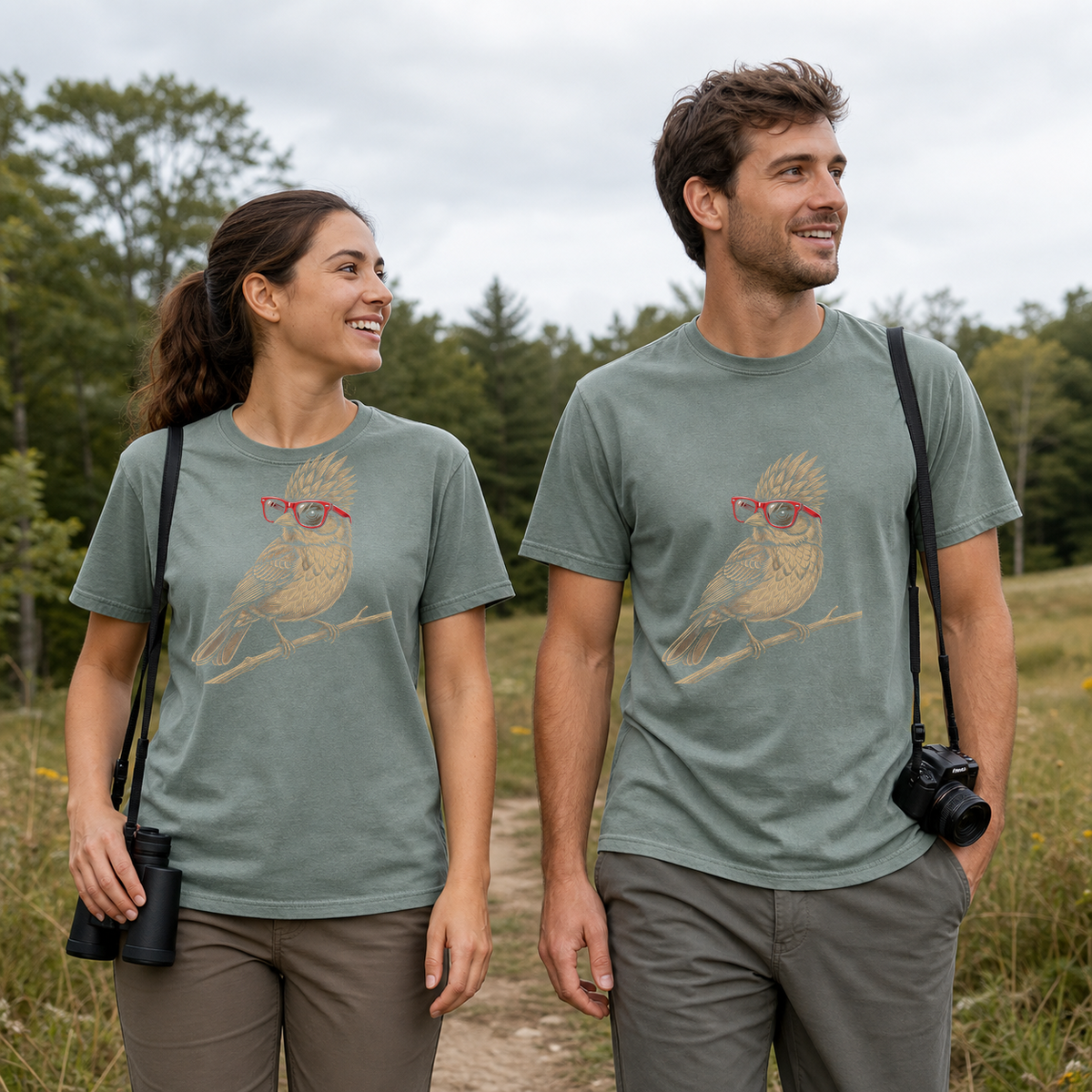 Female and male models wearing the Nerdy Owl Red Glasses Tee in Bay, with the artwork centered on both shirts