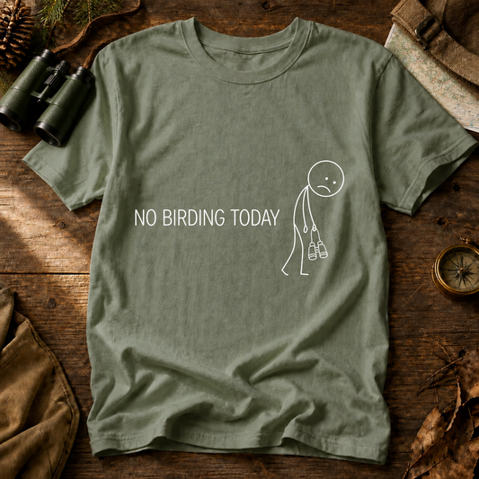 No Birding Today Tee in Bay, centered front design on a birdwatching flat-lay mockup