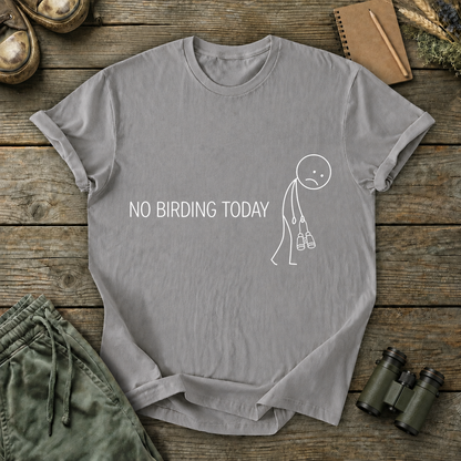 No Birding Today Tee in Grey, centered front design on a birdwatching flat-lay mockup