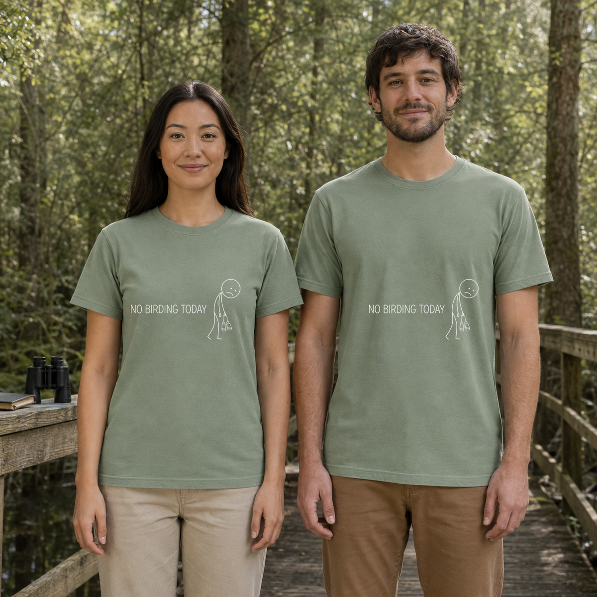 Female and male models wearing the No Birding Today Tee in Bay, with the artwork centered on both shirts