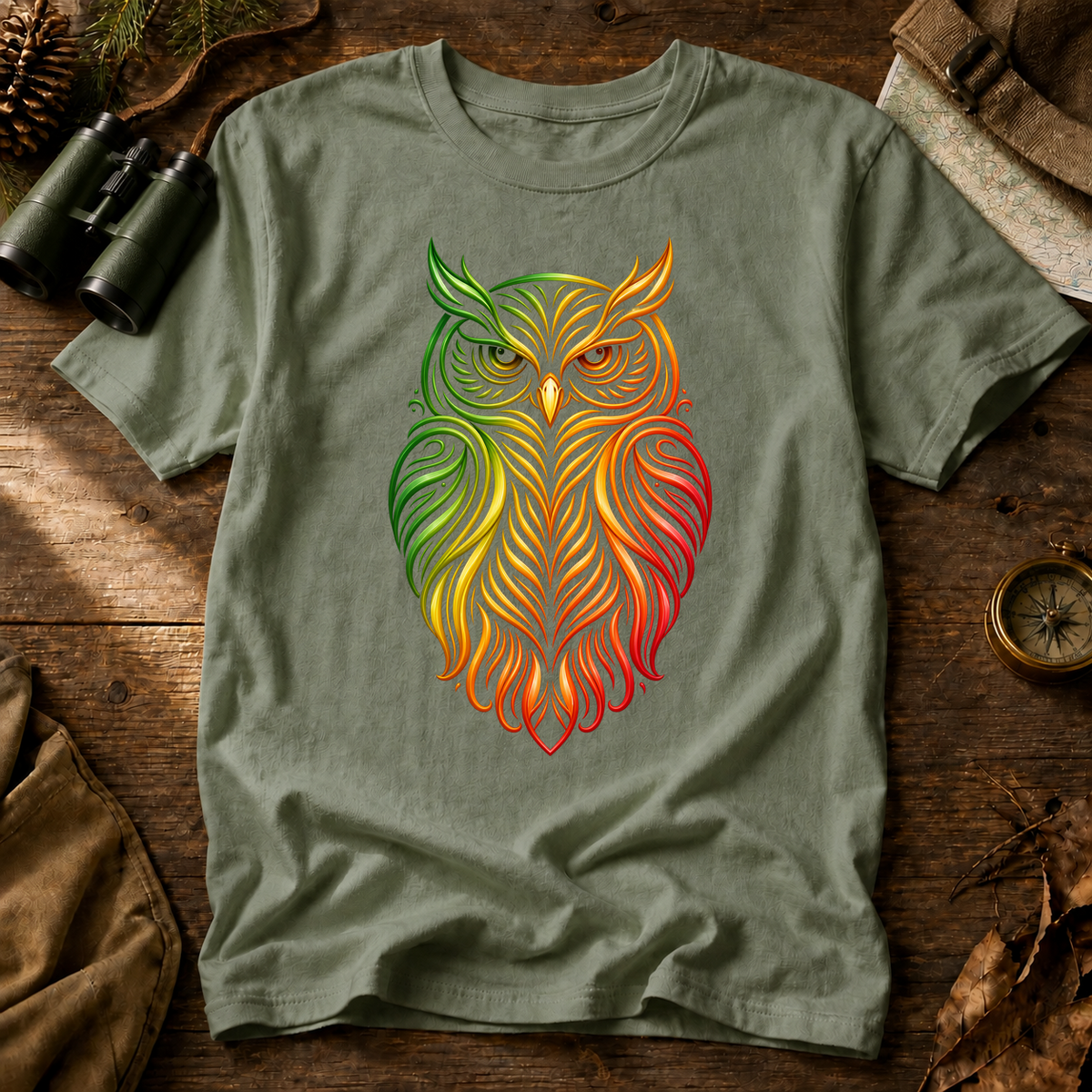 Rainbow Line Art Owl Tee in Bay laid beside field gear