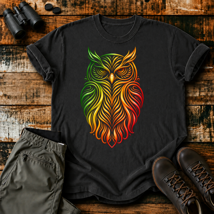 Rainbow Line Art Owl Tee in Black, centered front design on a birdwatching flat-lay mockup