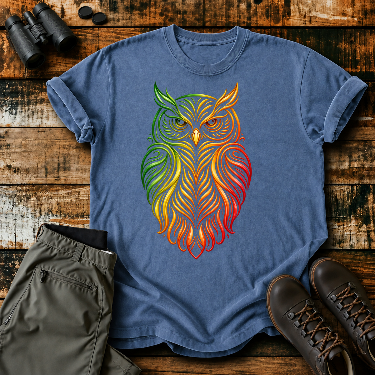 Rainbow Line Art Owl Tee in Blue Jean, centered front design on a birdwatching flat-lay mockup