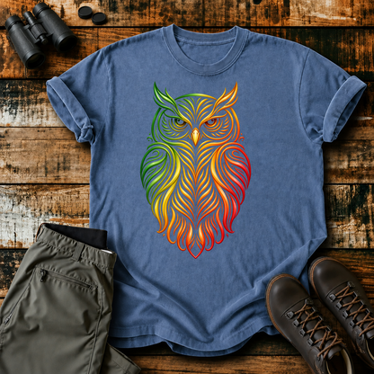 Rainbow Line Art Owl Tee in Blue Jean, centered front design on a birdwatching flat-lay mockup