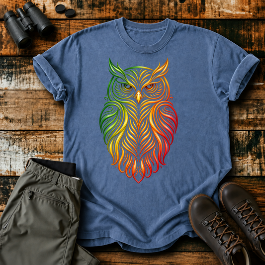 Rainbow Line Art Owl Tee in Blue Jean, centered front design on a birdwatching flat-lay mockup