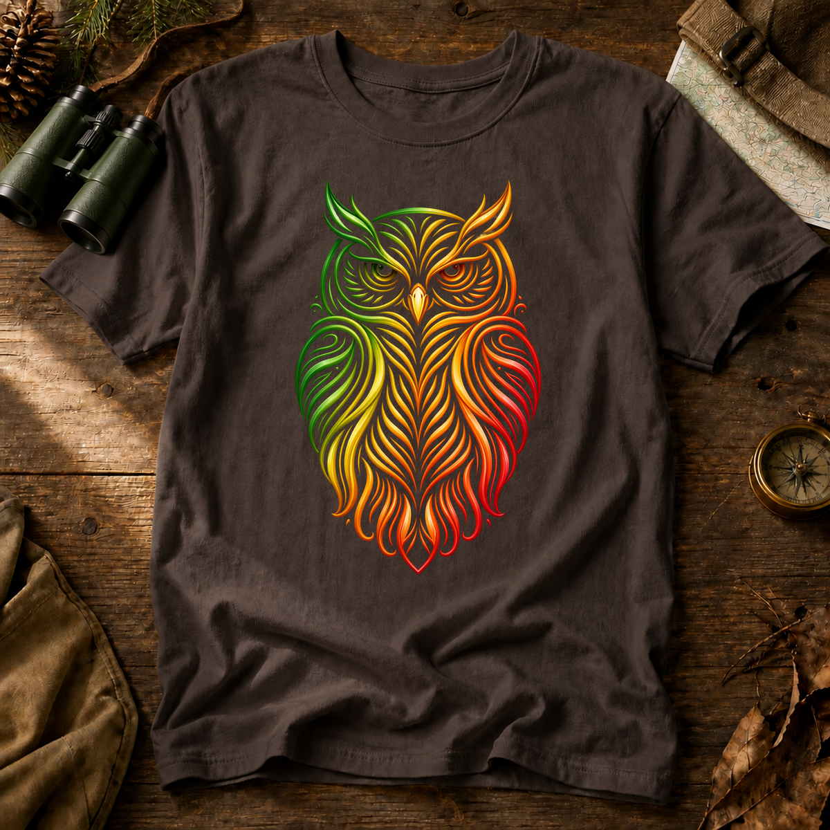 Rainbow Line Art Owl Tee in Espresso, centered front design on a birdwatching flat-lay mockup