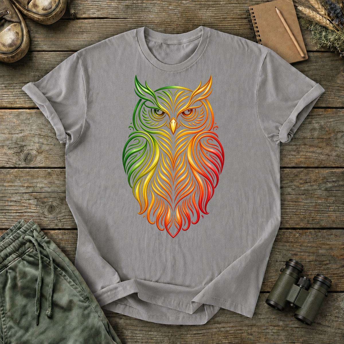 Rainbow Line Art Owl Tee in Grey, centered front design on a birdwatching flat-lay mockup