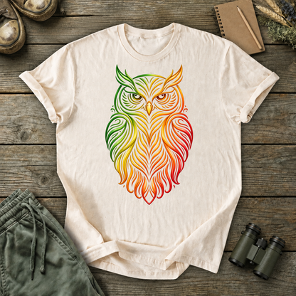 Rainbow Line Art Owl Tee in Ivory, centered front design on a birdwatching flat-lay mockup