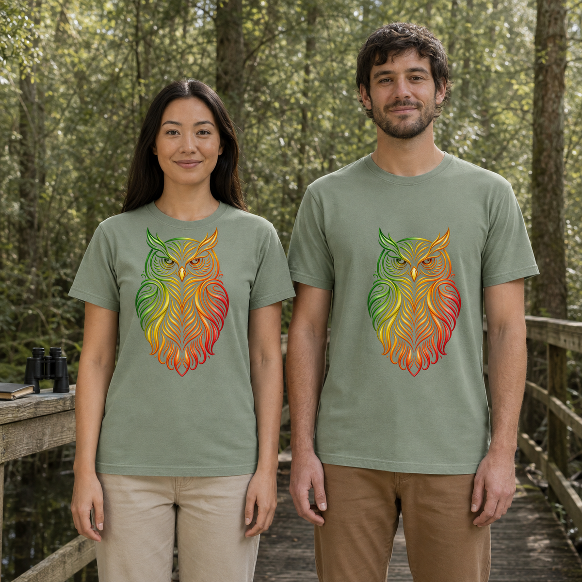 Female and male models wearing the Rainbow Line Art Owl Tee in Bay, with the artwork centered on both shirts