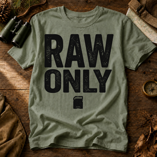 RAW Only Bird Photography Tee in Bay, centered front design on a birdwatching flat-lay mockup