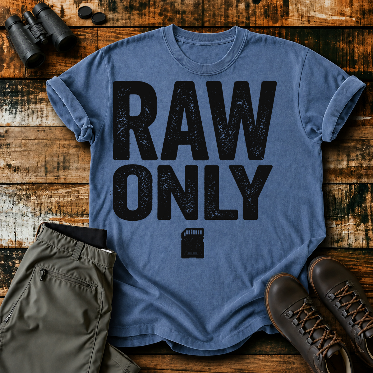 RAW Only Bird Photography Tee in Blue Jean, centered front design on a birdwatching flat-lay mockup