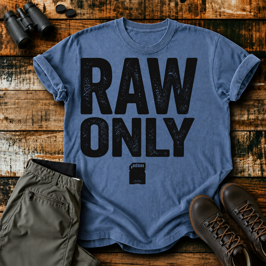 RAW Only Bird Photography Tee in Blue Jean, centered front design on a birdwatching flat-lay mockup
