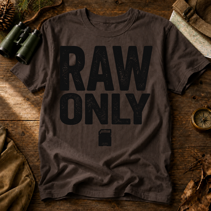 RAW Only Bird Photography Tee in Espresso, centered front design on a birdwatching flat-lay mockup