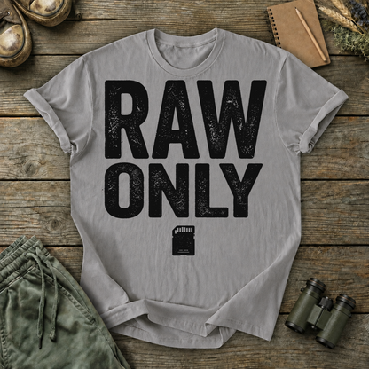 RAW Only Bird Photography Tee in Grey, centered front design on a birdwatching flat-lay mockup