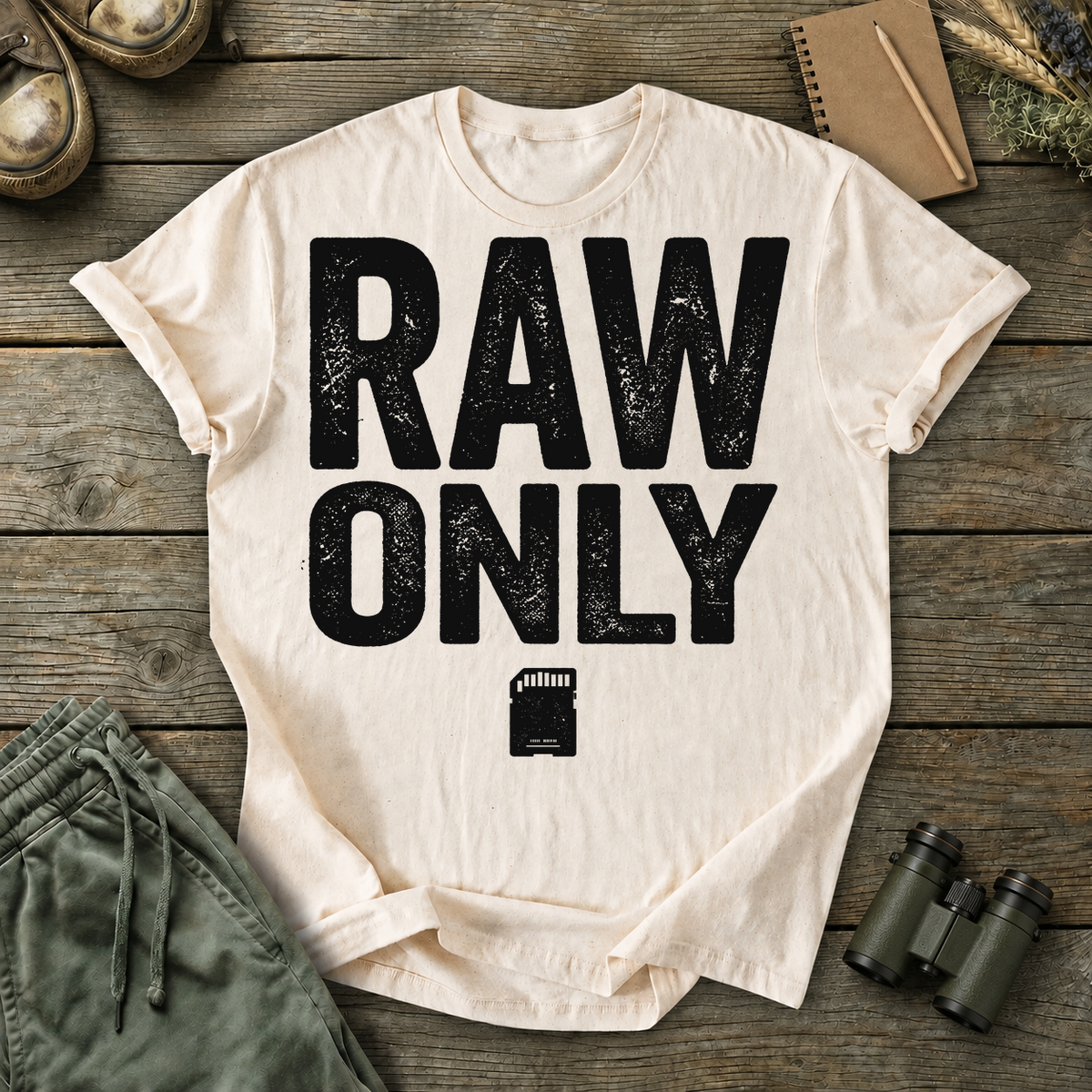 RAW Only Bird Photography Tee in Ivory, centered front design on a birdwatching flat-lay mockup