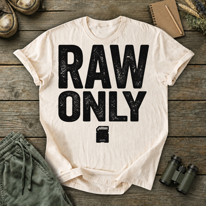 RAW Only Bird Photography Tee in Ivory, centered front design on a birdwatching flat-lay mockup