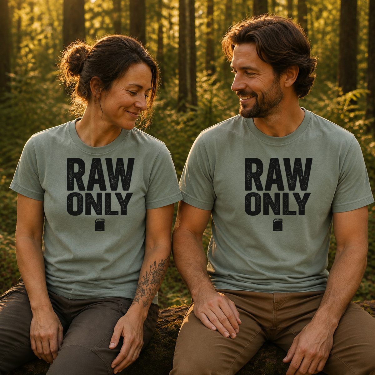 Female and male models wearing the RAW Only Bird Photography Tee in Bay, with the artwork centered on both shirts