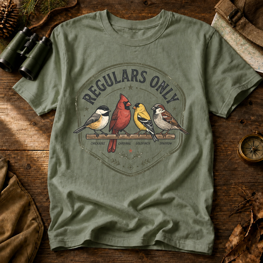 Regulars Only Backyard Birds Tee in Bay, centered front design on a birdwatching flat-lay mockup