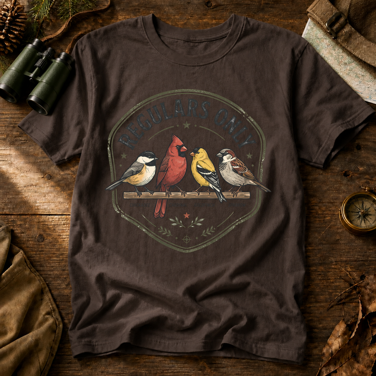 Regulars Only Backyard Birds Tee in Espresso, centered front design on a birdwatching flat-lay mockup