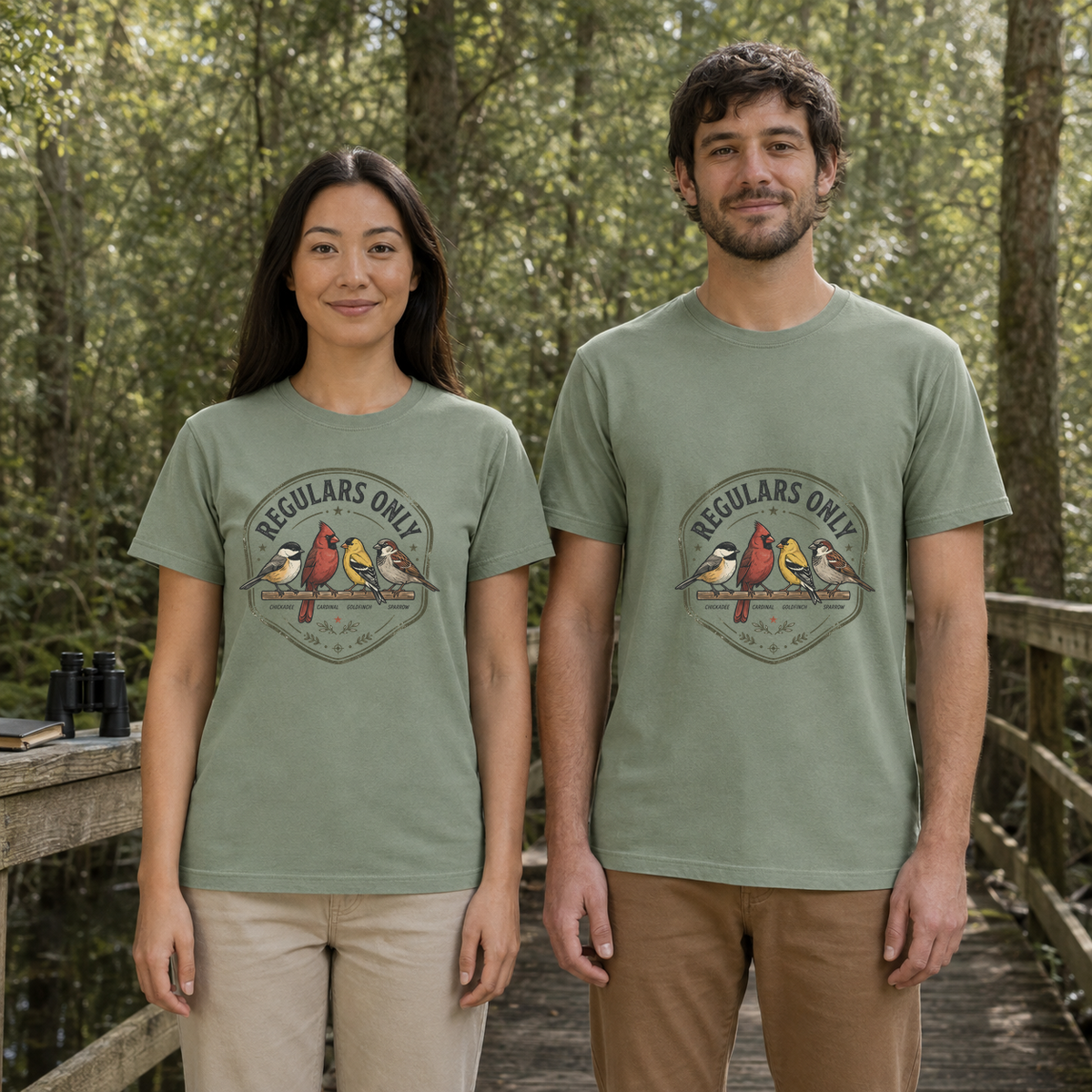 Female and male models wearing the Regulars Only Backyard Birds Tee in Bay, with the artwork centered on both shirts