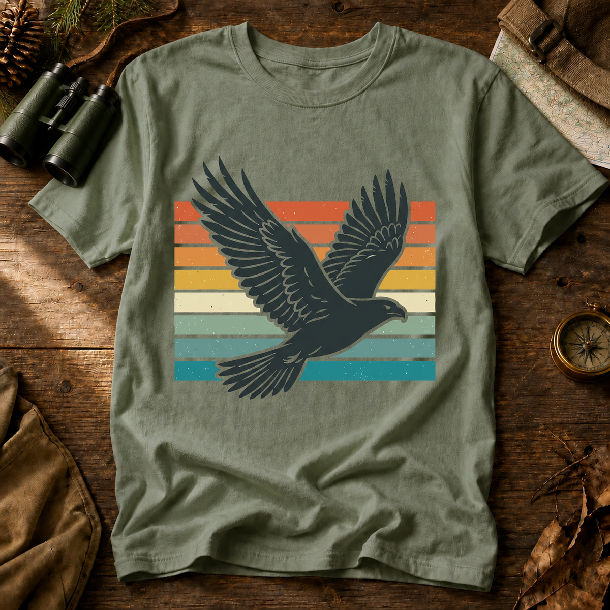 Retro Flying Bird Stripes Tee in Bay, centered front design on a birdwatching flat-lay mockup