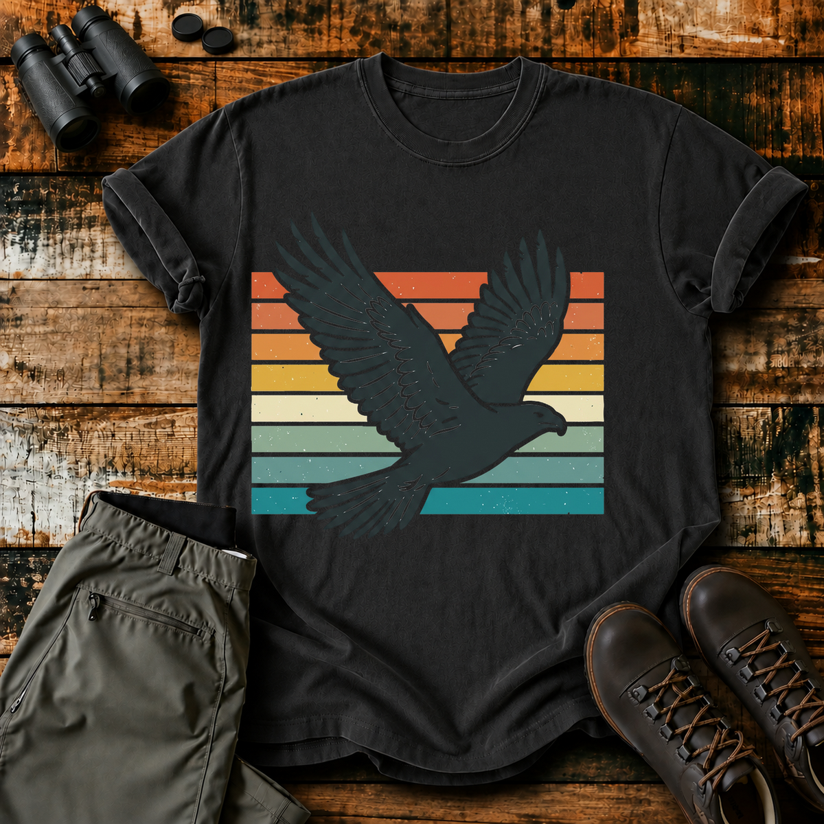 Retro Flying Bird Stripes Tee in Black, centered front design on a birdwatching flat-lay mockup